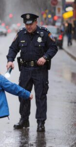 Kersantti huomasi sateessa keskellä katua tytön, jolla oli vaaleanpunainen reppu. Mutta nähdessään poliisin tyttö pudotti reppunsa ja juoksi jonnekin pakoon.